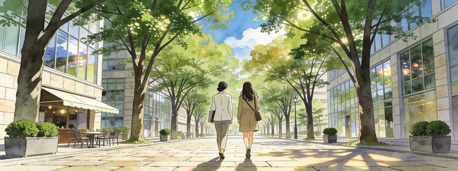 ケヤキ並木の広い歩道を、案内役の女性と若いお客様が並んで歩いているイラスト