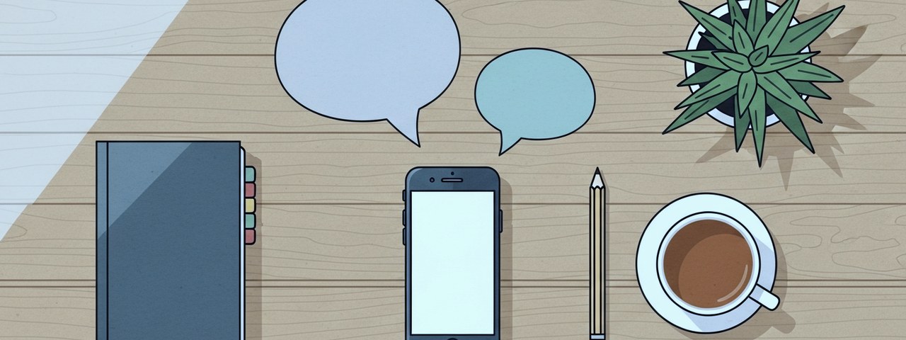 机の上に置かれたスマートフォンと、ふたつの吹き出しのイラスト
