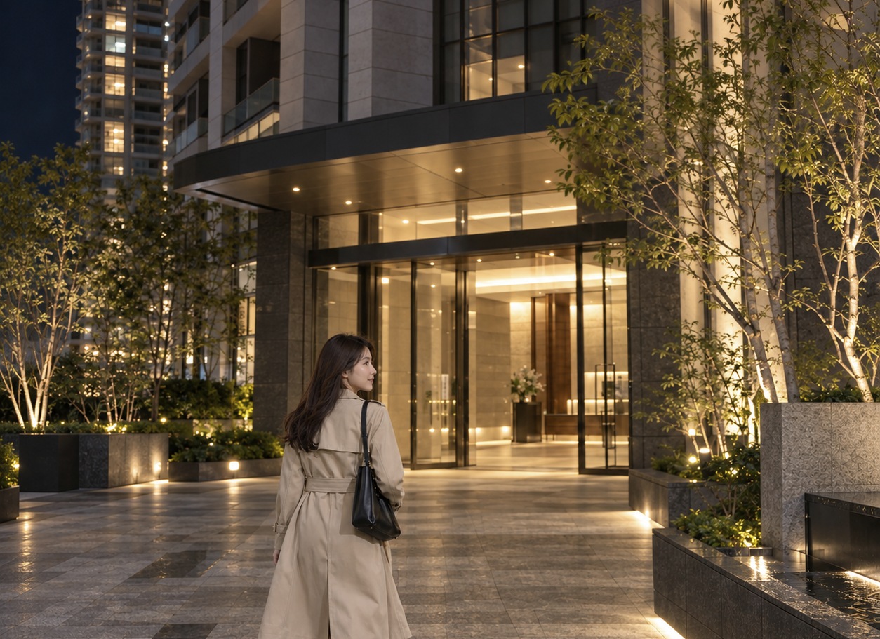 夜、マンションのエントランスへ歩く女性