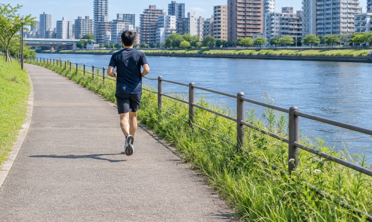 昼の河川敷を走る人の後ろ姿