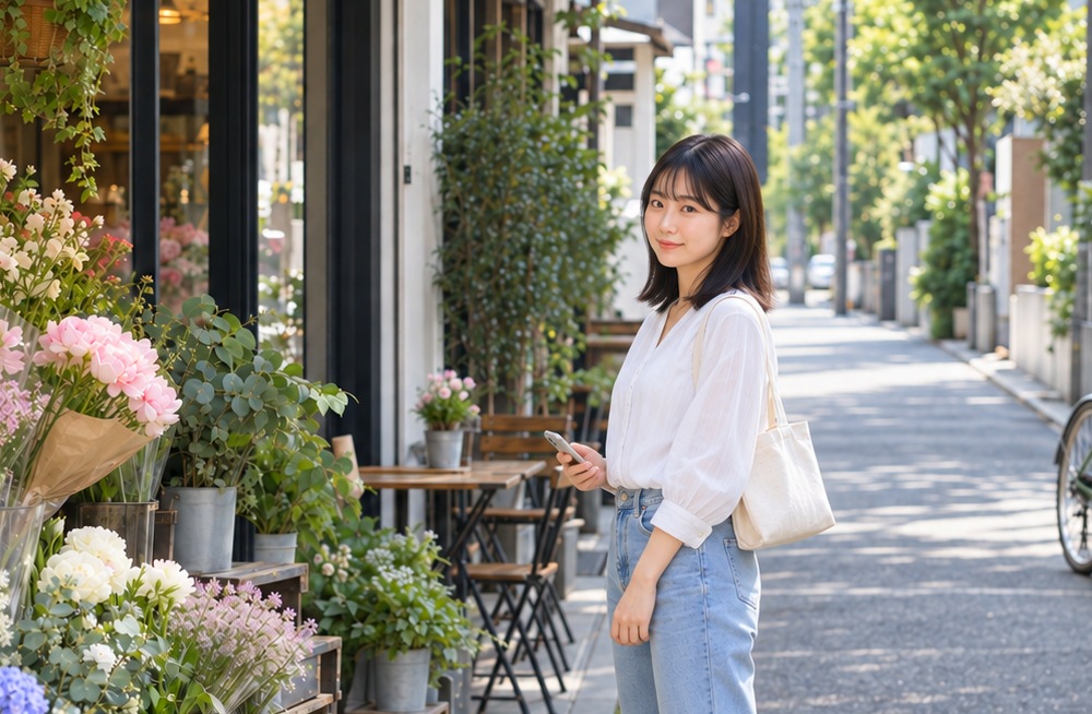 花屋の前で、こちらを向いて微笑む女性