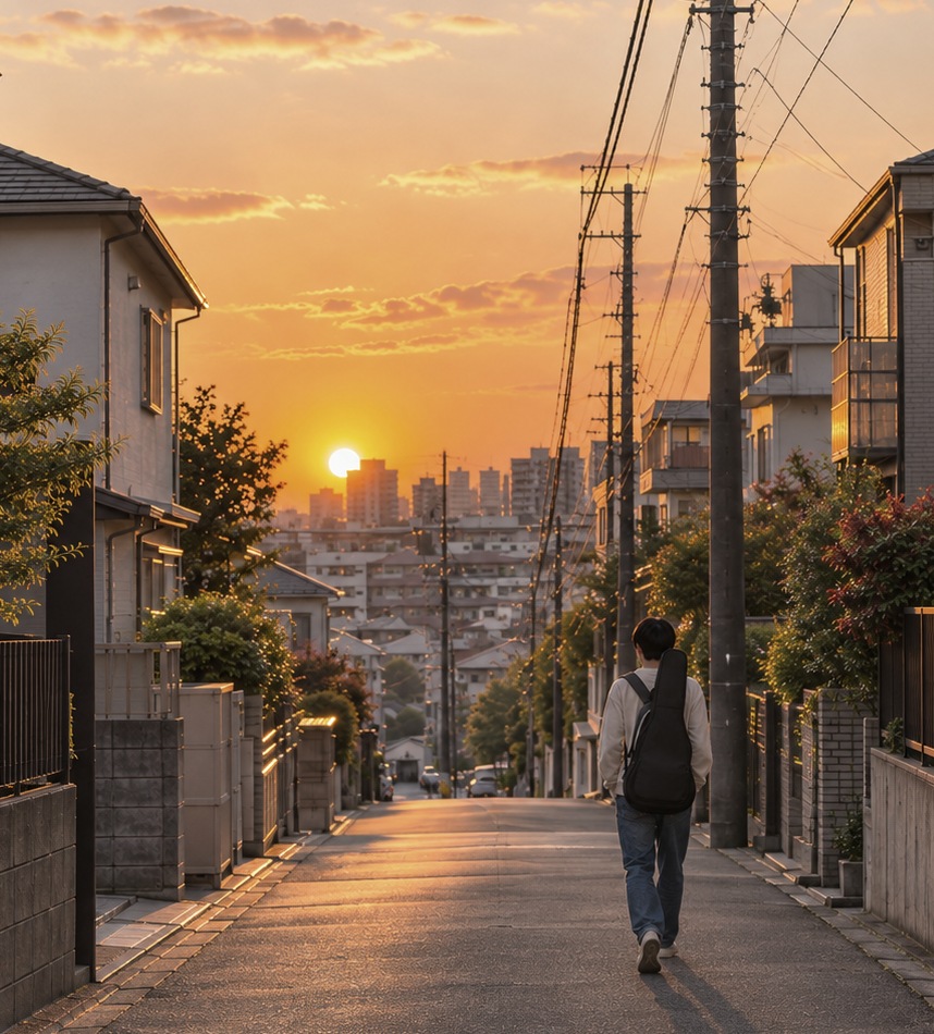 夕方の住宅街をギターケースを背負って歩く人の後ろ姿