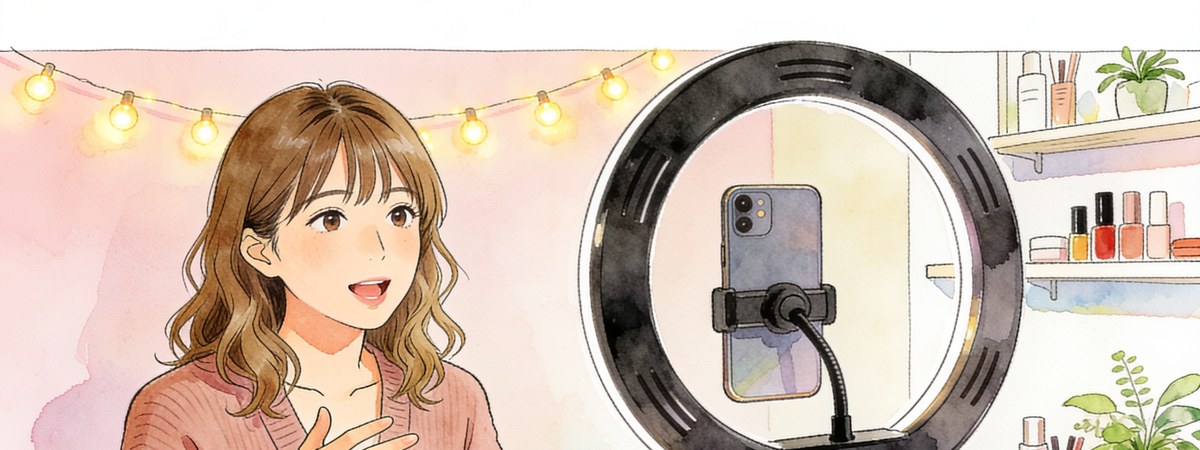 コーラルピンクの部屋の配信デスクで、カメラの前に座っている女性