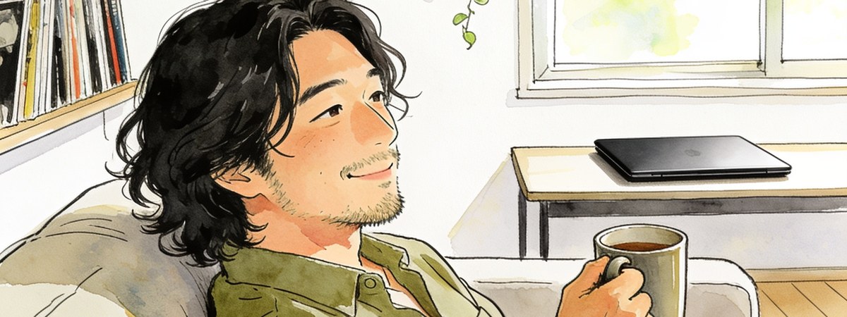 テラコッタ色の壁の作業机で、ノートパソコンに向かっている男性
