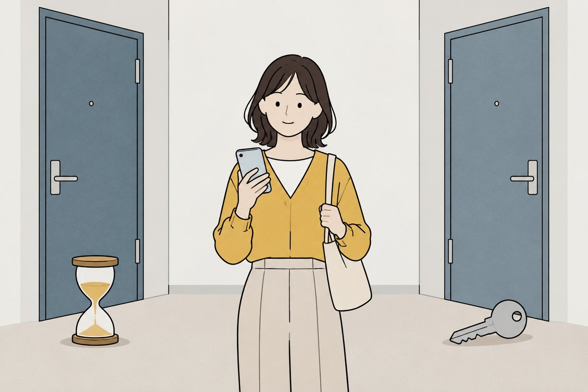 砂時計の置かれた扉と鍵の置かれた扉のあいだで、スマートフォンを持って前を向いている女性のイラスト