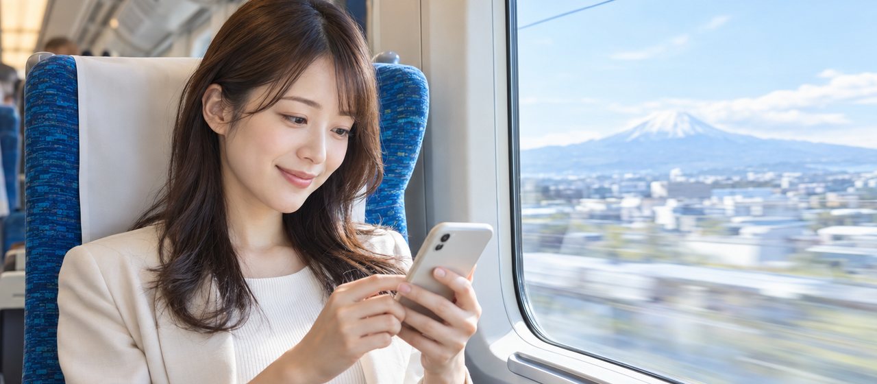 新幹線の窓際の席で、女性がスマートフォンを見て微笑んでいる