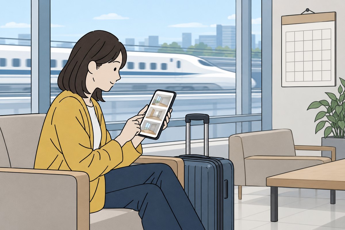 キャリーケースを横に、移動の合間にタブレットで部屋の写真を見ている女性のイラスト