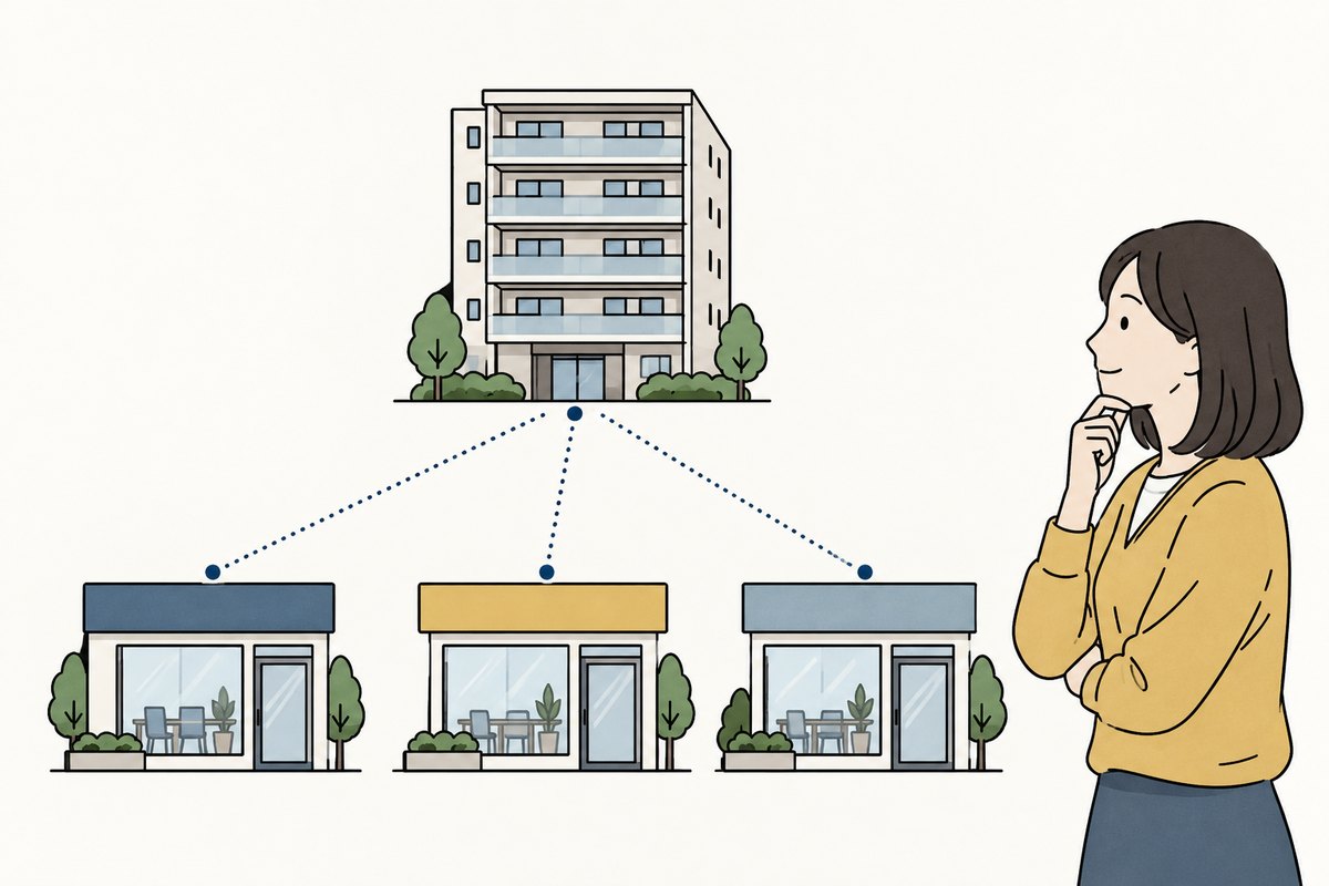 3つの不動産会社から、同じ1棟のマンションへ点線がつながっているイラスト