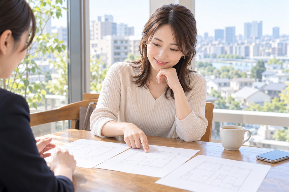 カフェの窓際の席で、女性が間取り図を指さしながら見比べている