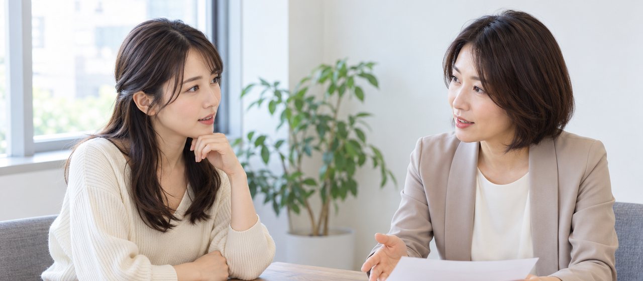 打ち合わせスペースで、女性とマネージャーが書類を見ながら話している