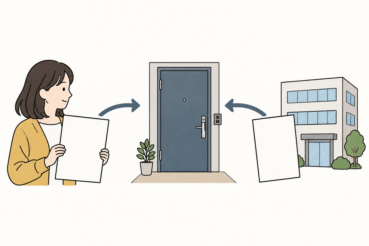 本人の契約書と事務所の契約書から、同じ部屋の玄関ドアへ矢印が向かっているイラスト