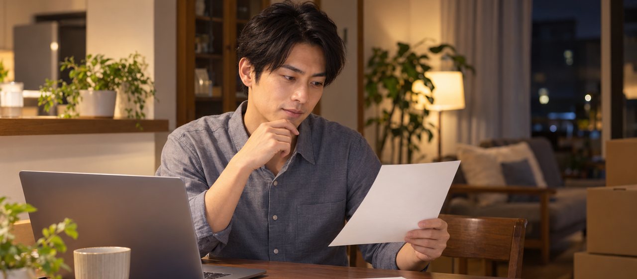 夜、自宅のダイニングテーブルで、ノートパソコンの横に書類を広げて確かめている男性