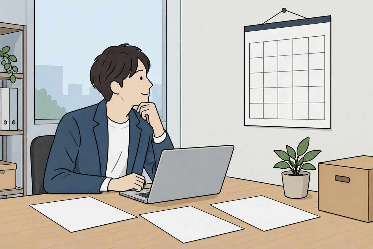 小さな事務所の机で、ノートパソコンと書類を前にカレンダーを見ている男性のイラスト