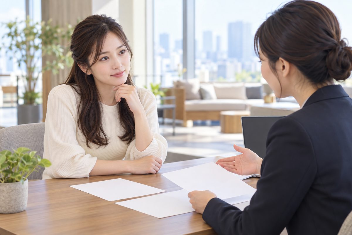 打ち合わせテーブルで、女性が担当者から書類の説明を聞いている