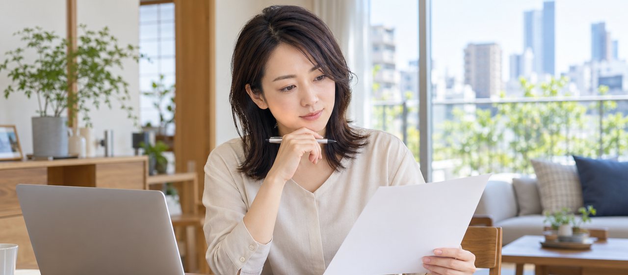 自宅のダイニングテーブルで、ノートパソコンの横に書類を並べて確かめている女性