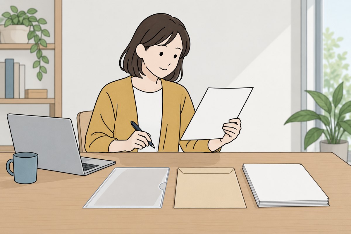 机の上に3種類の書類を並べ、1つずつ確かめている女性のイラスト