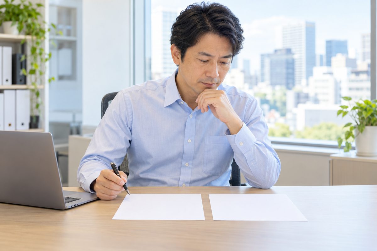 事務所の机で、男性が2枚の書類を並べて見比べている
