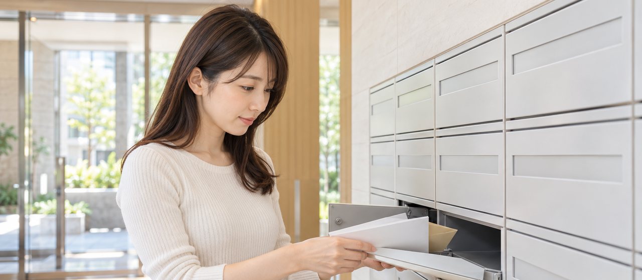 マンションのエントランスで、郵便受けから封筒を取り出している女性