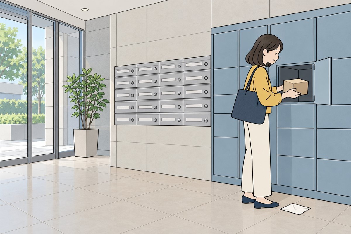 マンションのエントランスで、宅配ボックスから荷物を取り出している女性のイラスト