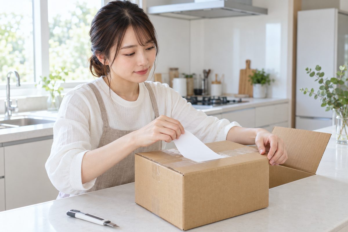 自宅のキッチンで、届いた段ボール箱の伝票をはがしている女性