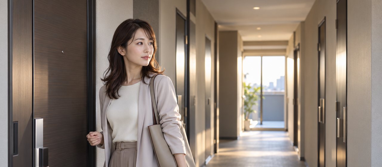 マンションの内廊下で、玄関ドアの前に立ち、廊下の先を見ている女性