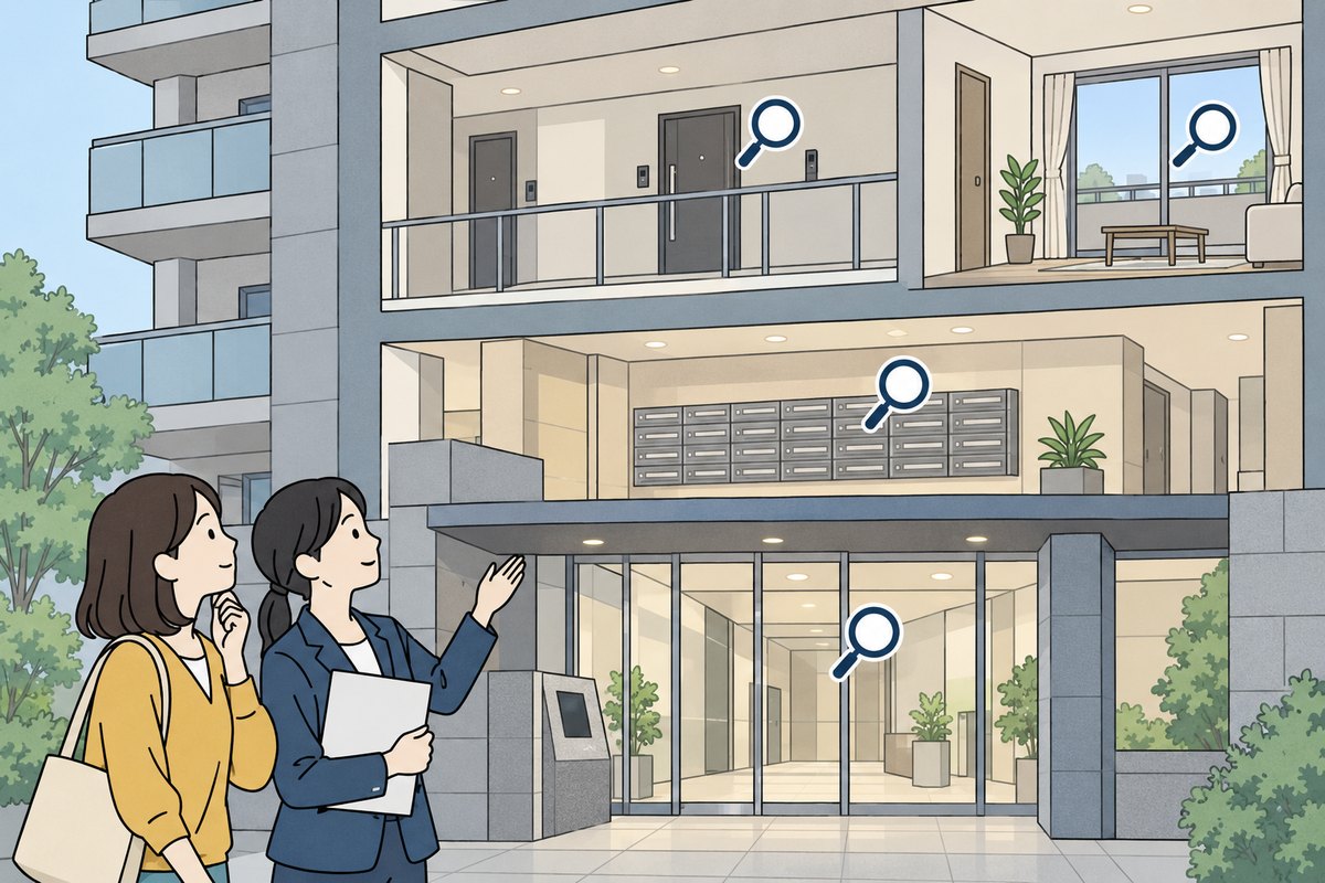 マンションの入り口・郵便受けのホール・廊下・部屋の窓に虫眼鏡の印があり、女性と担当者が建物を見上げているイラスト
