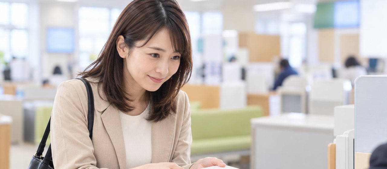区役所の窓口で、職員から封筒を受け取っている女性