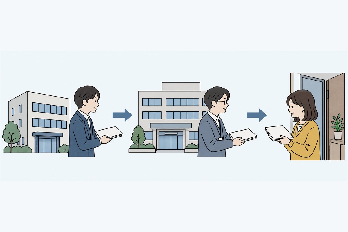 会社から区役所へ、区役所からご本人へと、書類が渡っていく流れのイラスト
