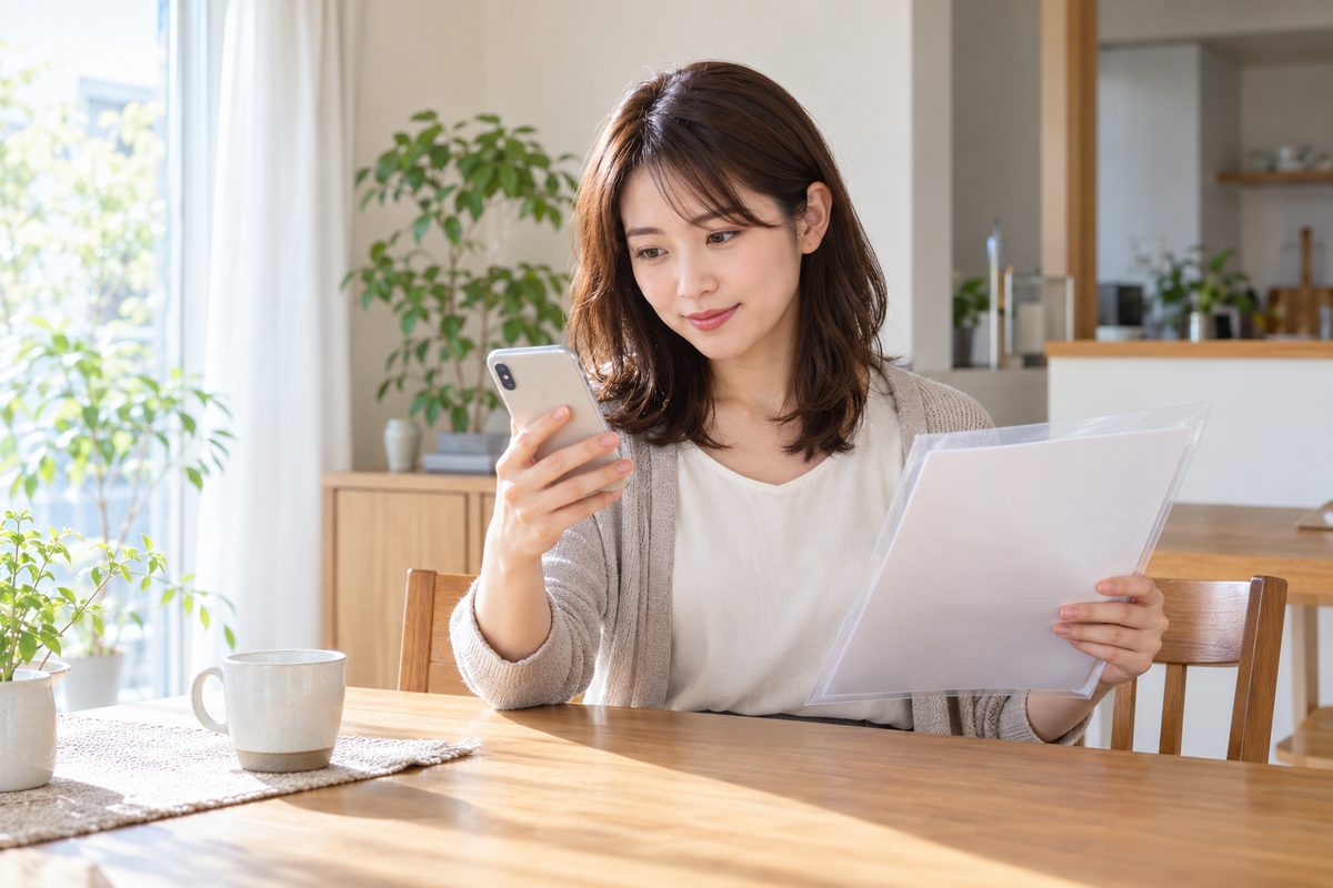自宅のテーブルで、女性がスマートフォンを見ながら書類を確かめている