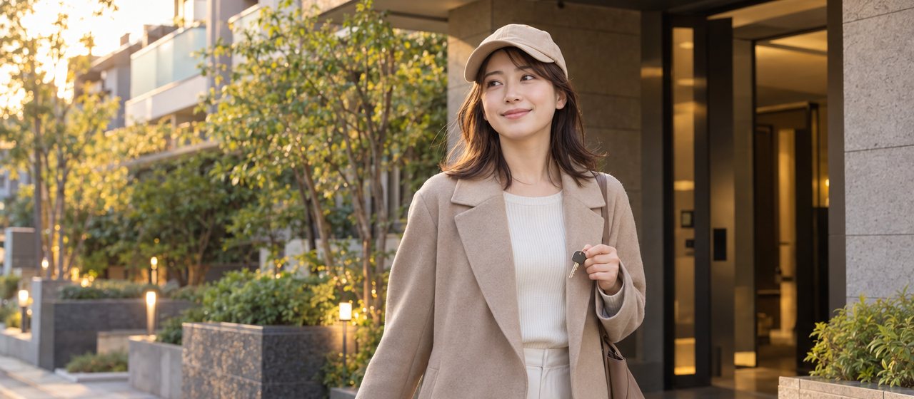 夕方、マンションの入り口から鍵を持って出てくる、キャップをかぶった女性