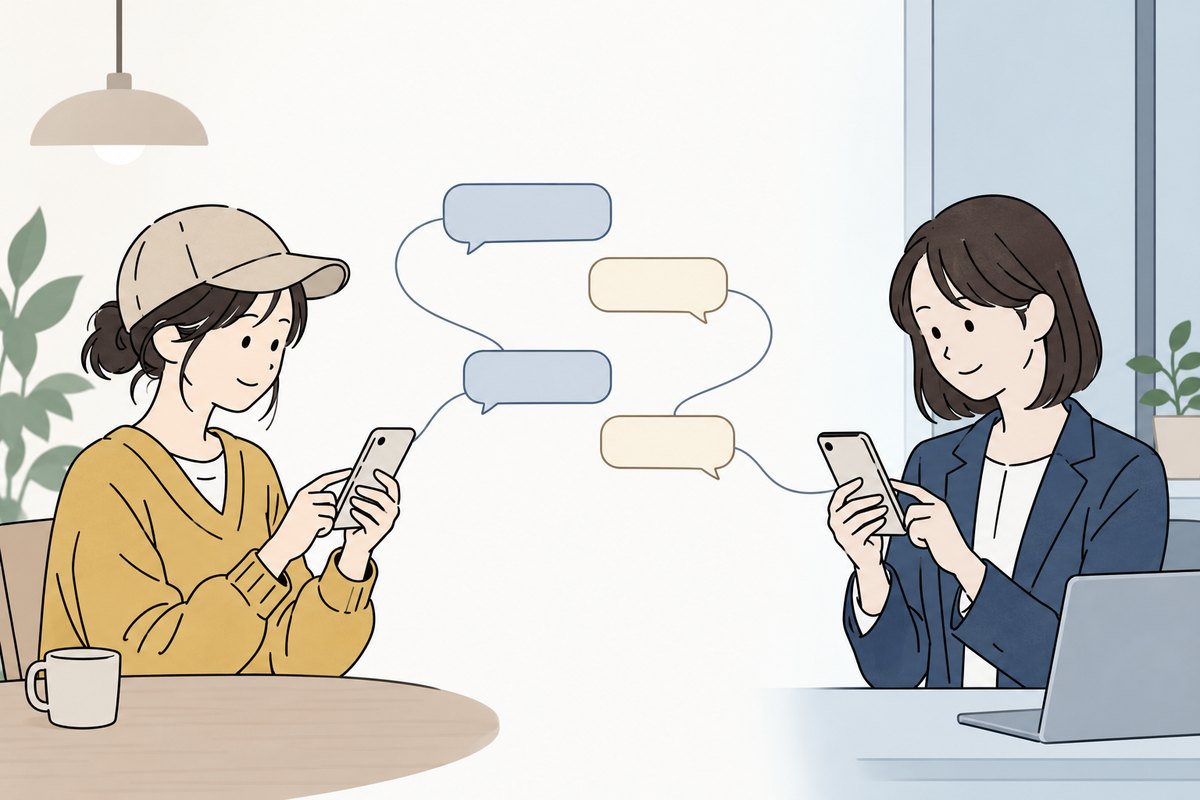 お客様と女性の担当者が、スマートフォンで二人だけでやり取りしているイラスト