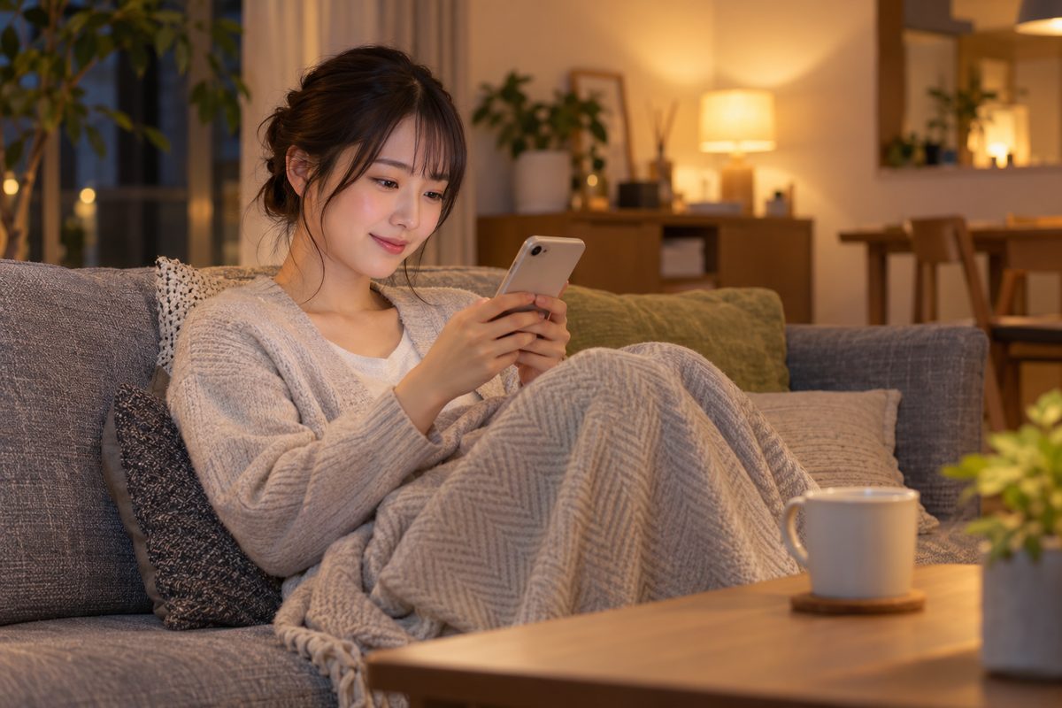 自宅のソファで、スマートフォンを見ながらほっとした表情の女性