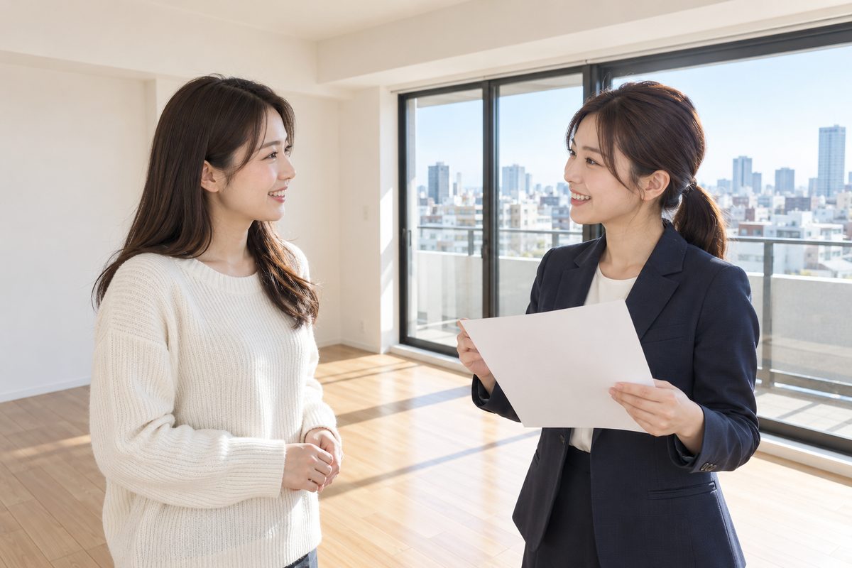 明るい空き部屋で、女性のお客様と女性の担当者が笑顔で話している内見の様子